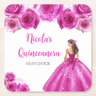 Floral Princess in Hot Pink Dress Quinceanera Square Paper Coaster