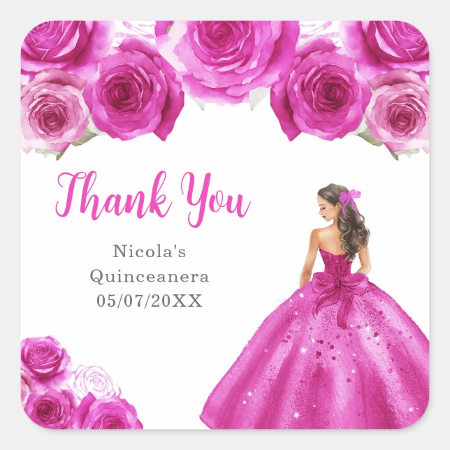 Floral Princess in Hot Pink Dress Quinceanera Square Sticker (Front)