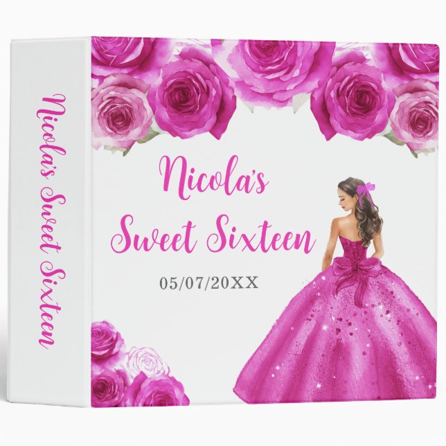 Floral Princess in Hot Pink Dress Sweet Sixteen 3 Ring Binder (Front/Spine)