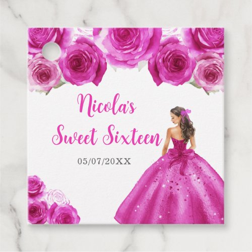 Floral Princess in Hot Pink Dress Sweet Sixteen Favor Tags