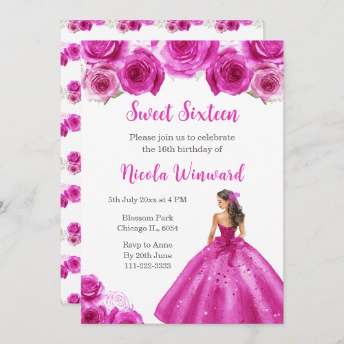 Floral Princess in Hot Pink Dress Sweet Sixteen Invitation