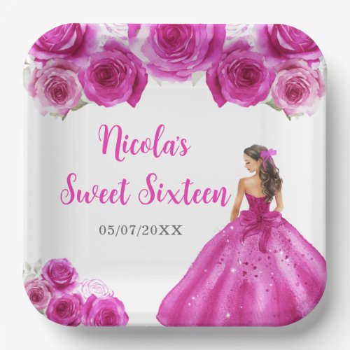 Floral Princess in Hot Pink Dress Sweet Sixteen Paper Plates