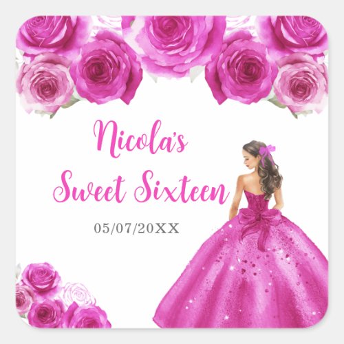 Floral Princess in Hot Pink Dress Sweet Sixteen Square Sticker