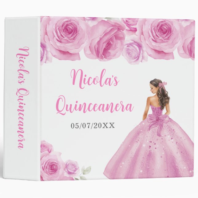 Floral Princess in Light Pink Dress Quinceanera 3 Ring Binder (Front/Spine)