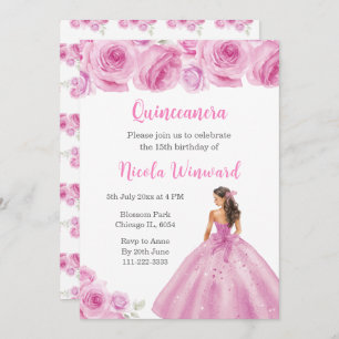 Floral Princess in Light Pink Dress Quinceanera Invitation