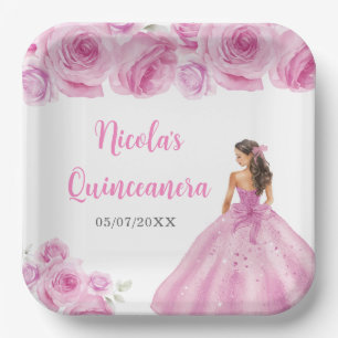 Floral Princess in Light Pink Dress Quinceanera Paper Plates