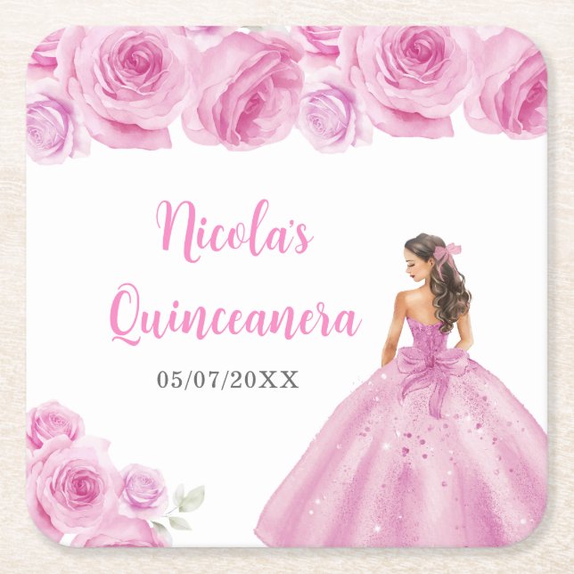 Floral Princess in Light Pink Dress Quinceanera  Square Paper Coaster (Front)