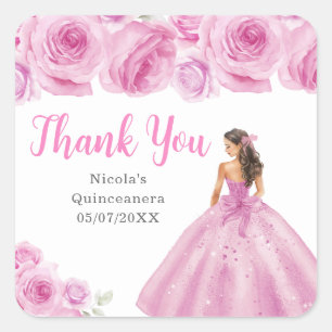 Floral Princess in Light Pink Dress Quinceanera Square Sticker