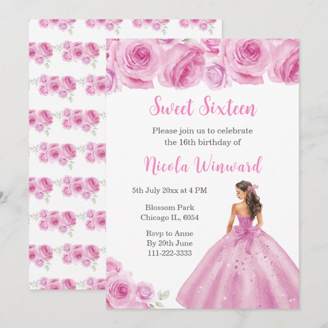 Floral Princess in Light Pink Dress Sweet Sixteen Invitation (Front/Back)