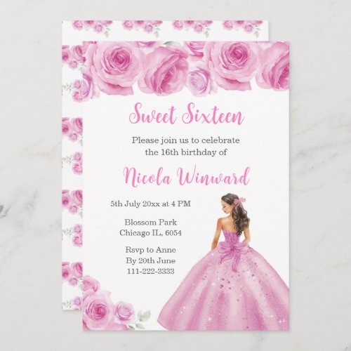 Floral Princess in Light Pink Dress Sweet Sixteen Invitation