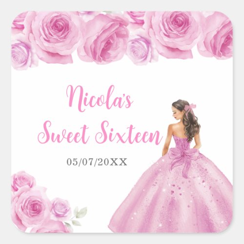 Floral Princess in Light Pink Dress Sweet Sixteen  Square Sticker