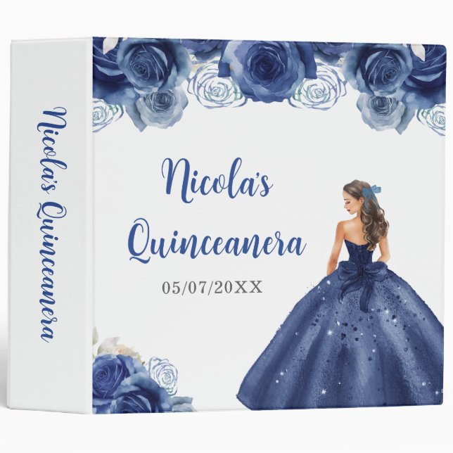 Floral Princess in Navy Blue Dress Quinceanera 3 Ring Binder (Front/Spine)