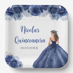 Floral Princess in Navy Blue Dress Quinceanera Paper Plates