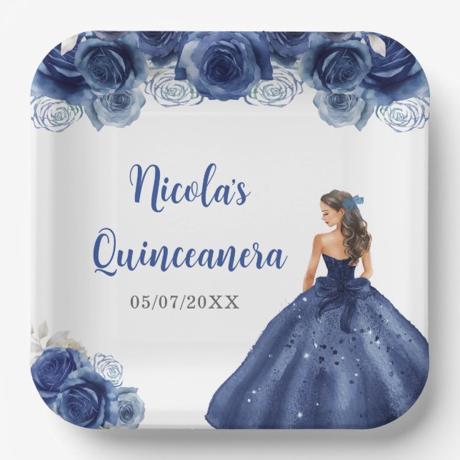 Floral Princess in Navy Blue Dress Quinceanera  Paper Plates (Front)