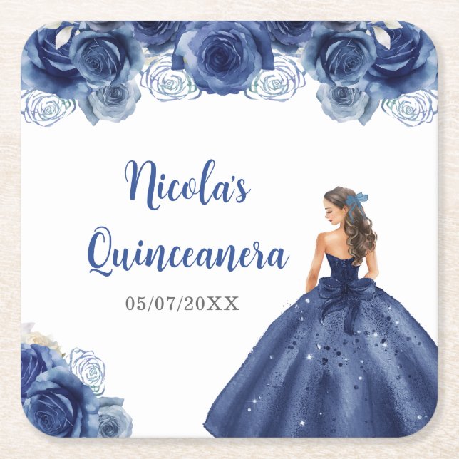 Floral Princess in Navy Blue Dress Quinceanera  Square Paper Coaster (Front)