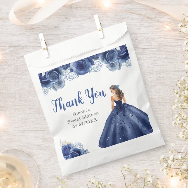 Floral Princess in Navy Blue Dress Sweet Sixteen Favor Bag (Clipped)