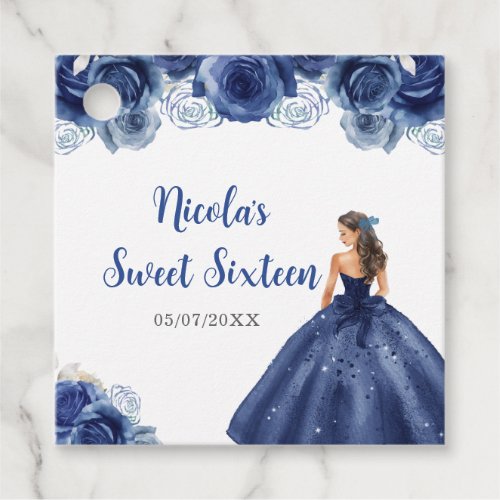 Floral Princess in Navy Blue Dress Sweet Sixteen  Favor Tags