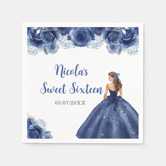 Floral Princess in Navy Blue Dress Sweet Sixteen  Napkins (Front)