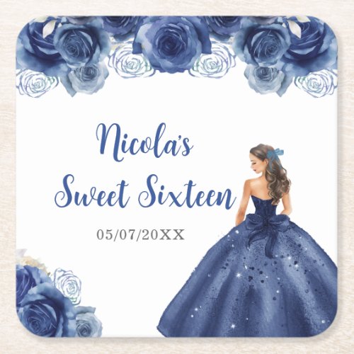 Floral Princess in Navy Blue Dress Sweet Sixteen  Square Paper Coaster