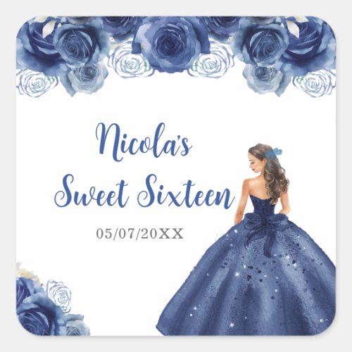Floral Princess in Navy Blue Dress Sweet Sixteen  Square Sticker