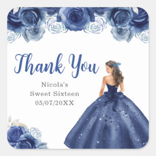 Floral Princess in Navy Blue Dress Sweet Sixteen Square Sticker
