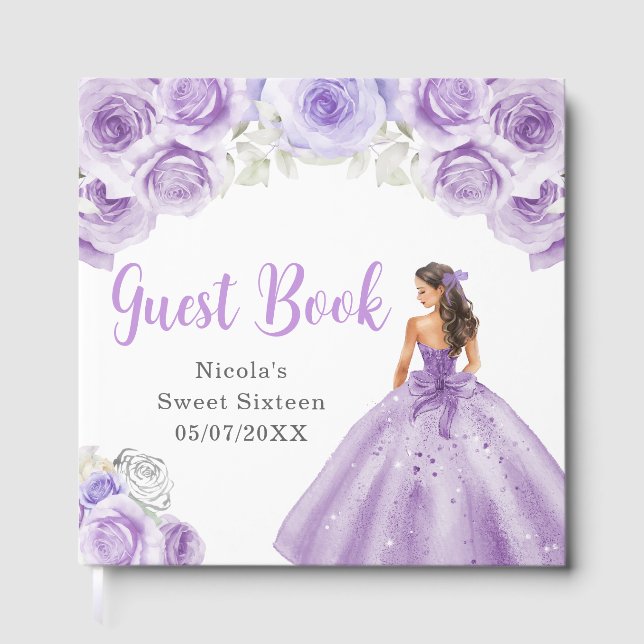 Floral Princess in Purple Dress Sweet Sixteen Guest Book (Front)