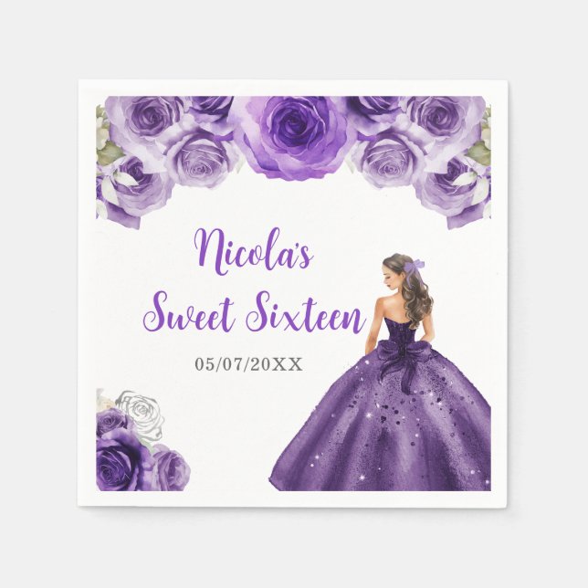 Floral Princess in Purple Dress Sweet Sixteen  Napkins (Front)