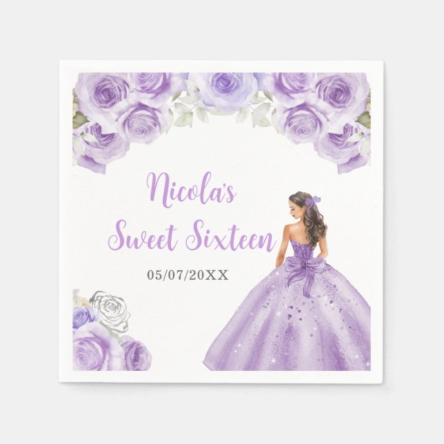 Floral Princess in Purple Dress Sweet Sixteen  Napkins (Front)