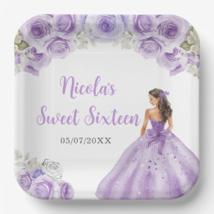 Floral Princess in Purple Dress Sweet Sixteen Paper Plates