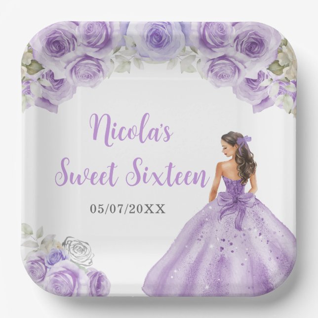 Floral Princess in Purple Dress Sweet Sixteen  Paper Plates (Front)