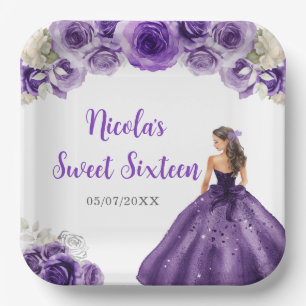 Floral Princess in Purple Dress Sweet Sixteen Paper Plates
