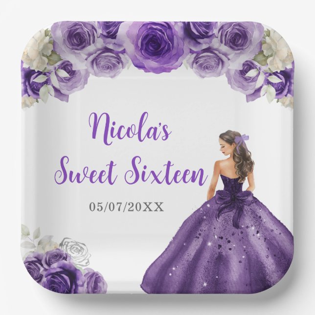 Floral Princess in Purple Dress Sweet Sixteen  Paper Plates (Front)