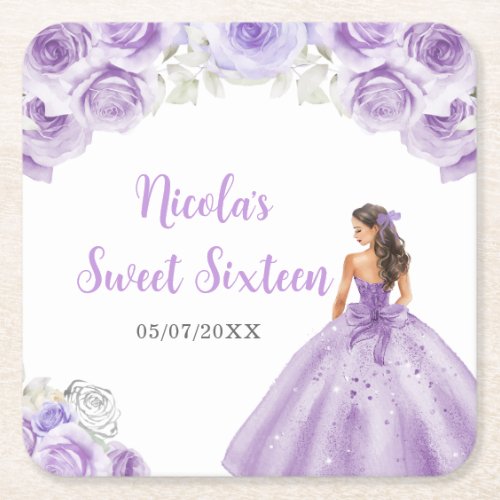 Floral Princess in Purple Dress Sweet Sixteen  Square Paper Coaster