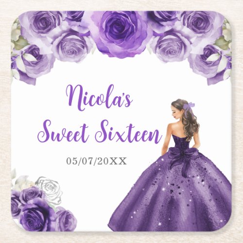 Floral Princess in Purple Dress Sweet Sixteen  Square Paper Coaster