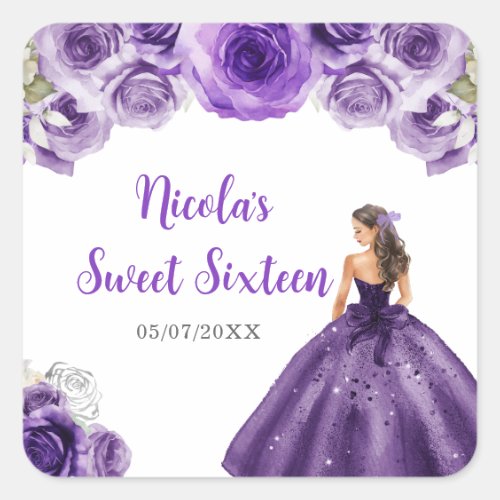 Floral Princess in Purple Dress Sweet Sixteen  Square Sticker