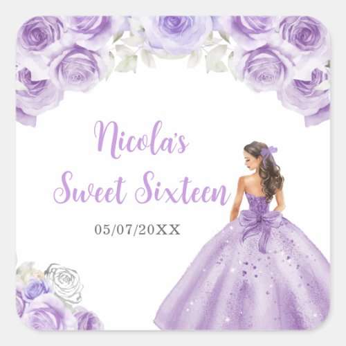 Floral Princess in Purple Dress Sweet Sixteen  Square Sticker