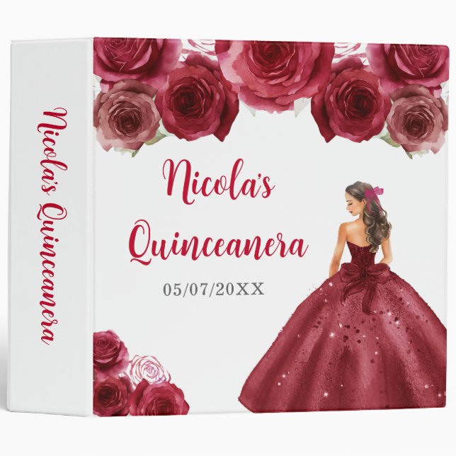 Floral Princess in Red Dress Quinceanera 3 Ring Binder (Front/Spine)
