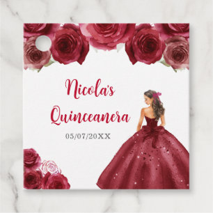 Floral Princess in Red Dress Quinceanera Favor Tags