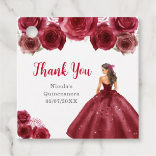 Floral Princess in Red Dress Quinceanera Favor Tags