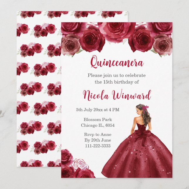 Floral Princess in Red Dress Quinceanera Invitation (Front/Back)