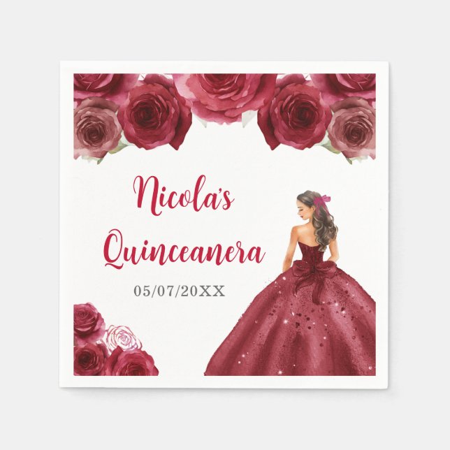 Floral Princess in Red Dress Quinceanera Napkins (Front)