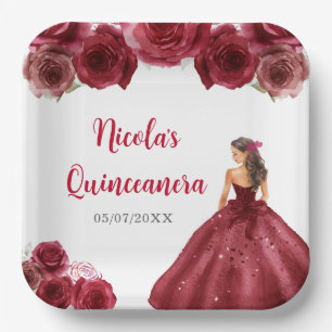 Floral Princess in Red Dress Quinceanera Paper Plates
