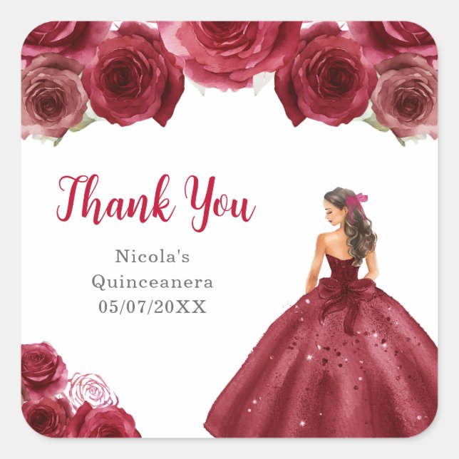 Floral Princess in Red Dress Quinceanera Square Sticker (Front)
