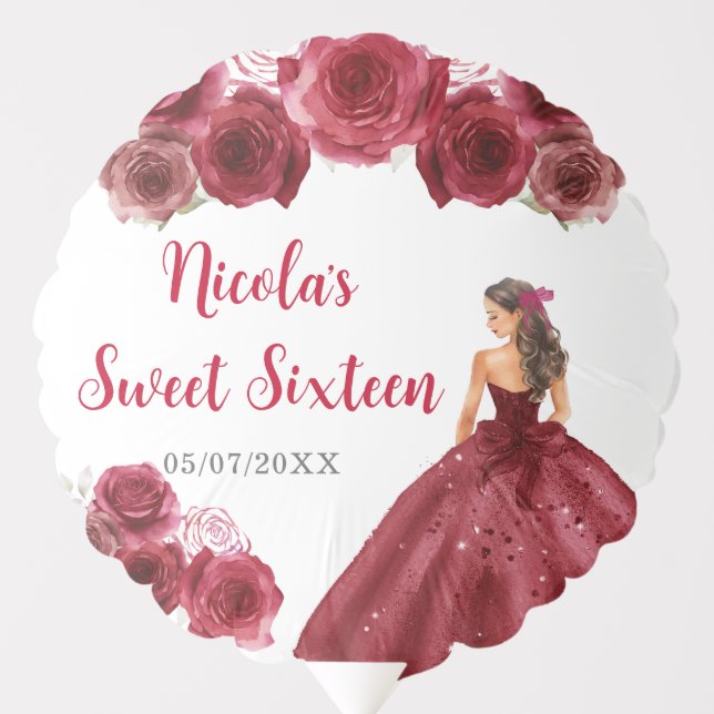 Floral Princess in Red Dress Sweet Sixteen Balloon (Front)