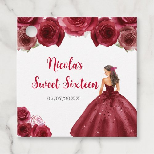 Floral Princess in Red Dress Sweet Sixteen Favor Tags