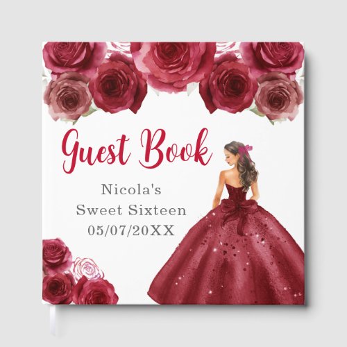 Floral Princess in Red Dress Sweet Sixteen Guest Book