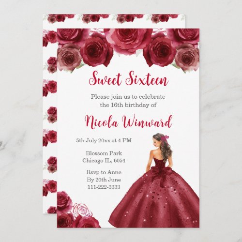 Floral Princess in Red Dress Sweet Sixteen Invitation