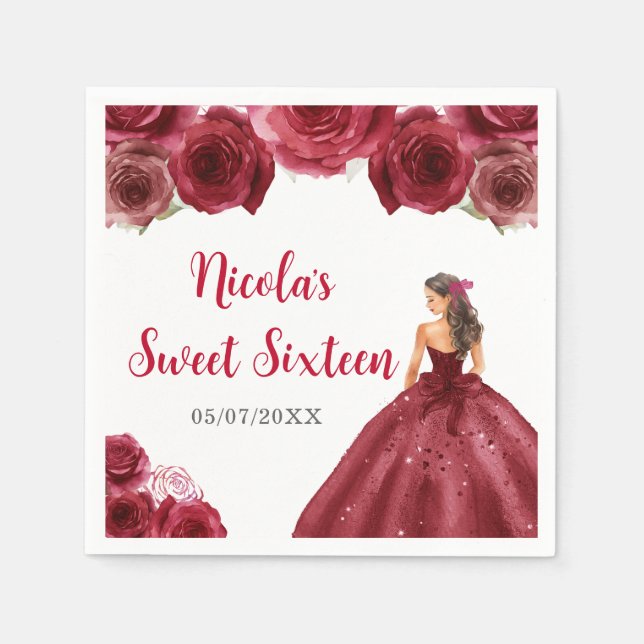 Floral Princess in Red Dress Sweet Sixteen Napkins (Front)