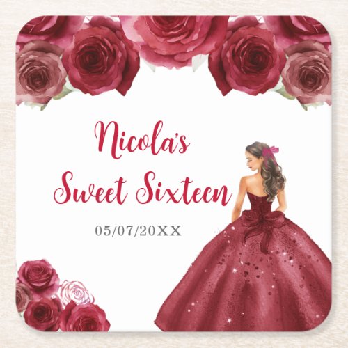 Floral Princess in Red Dress Sweet Sixteen Square Paper Coaster