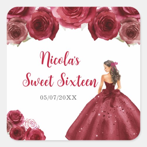 Floral Princess in Red Dress Sweet Sixteen Square Sticker